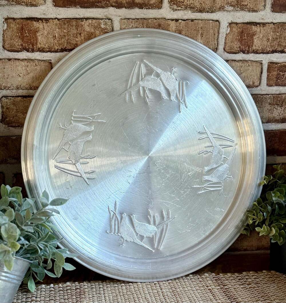 West Bend Aluminum Serving Tray | 18 Inch Pheasant & Cattail Platter | 1950s